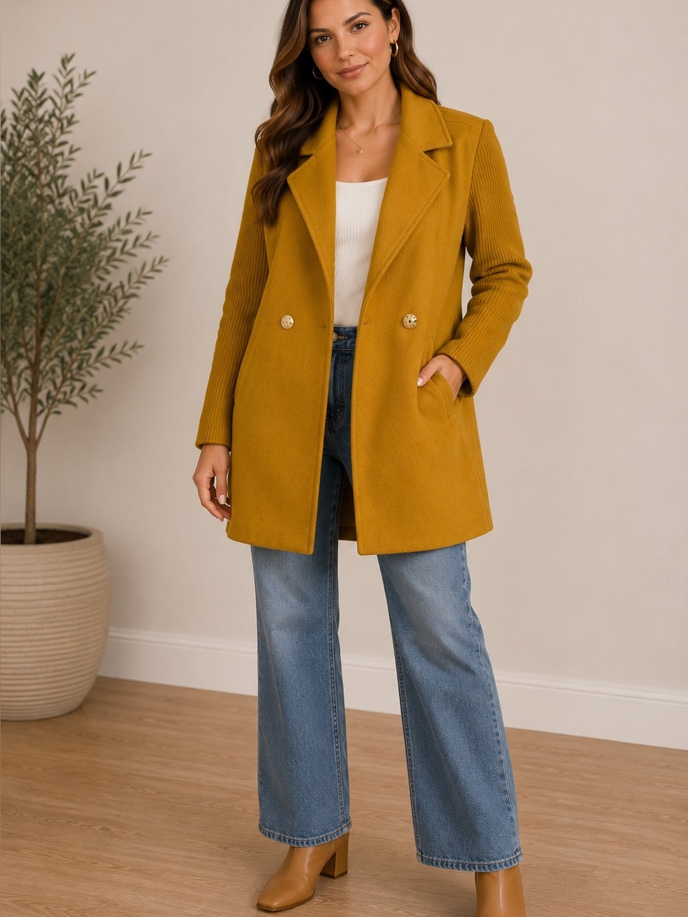 Kenneth Cole New York Coat Womens Small Mustard Ribbed Sleeve Long Jacket